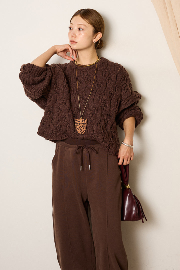 [SET]ケーブルリラックスショートニット+スウェットワイドカーブパンツ(2set)