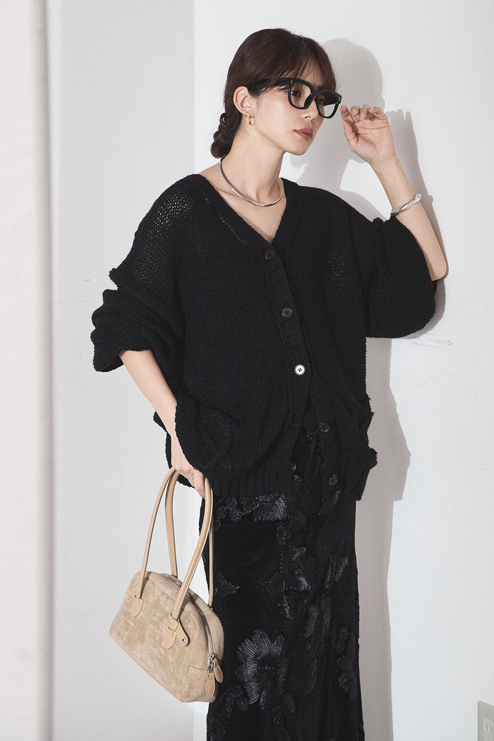 [SET]コード刺繍リラックスニットカーディガン+フラワー刺繍ワイドスカート(2set)