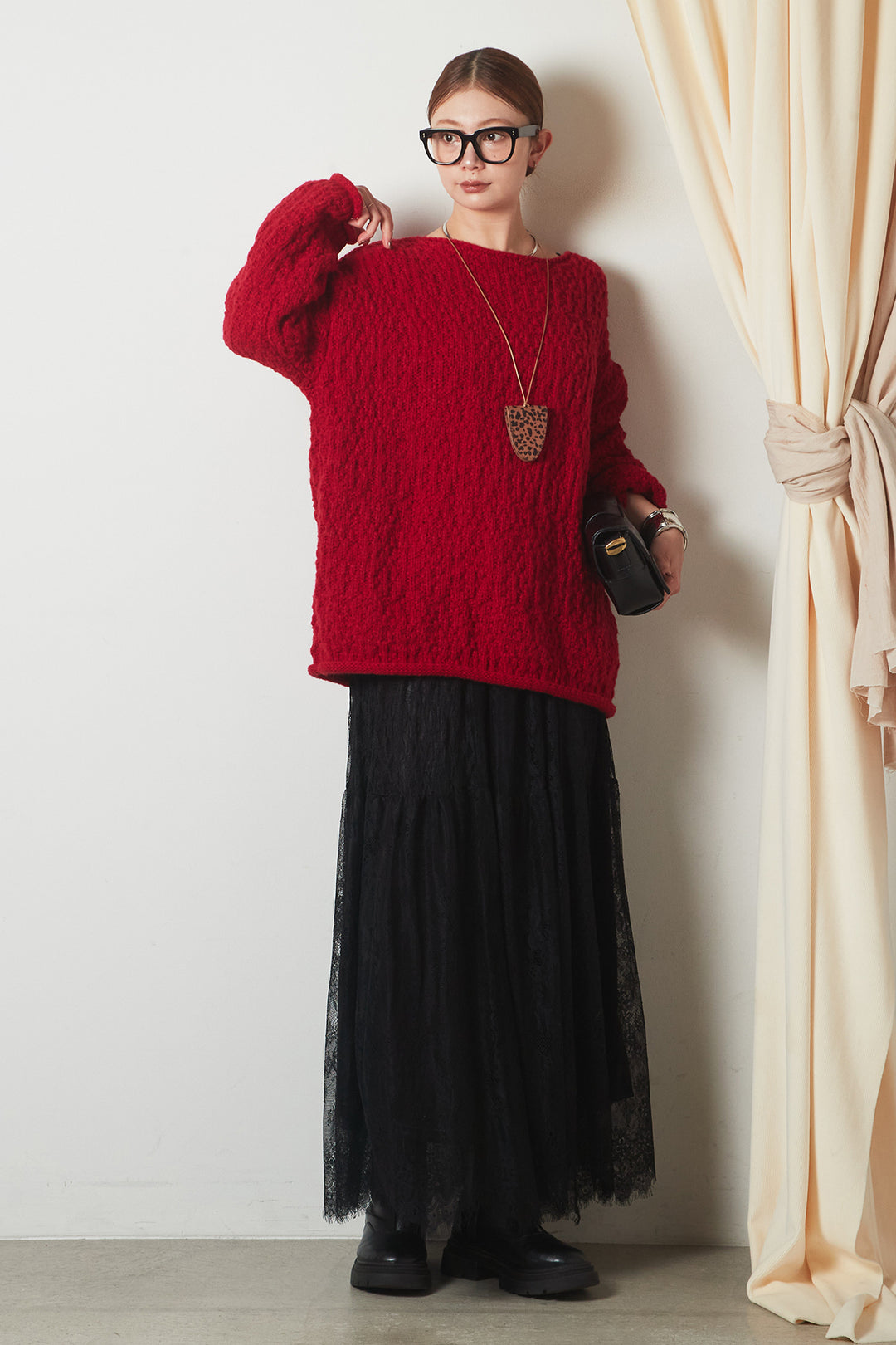 [SET]ボリューム編みニットプルオーバー+ひげレース切替ロング丈スカート(2set)
