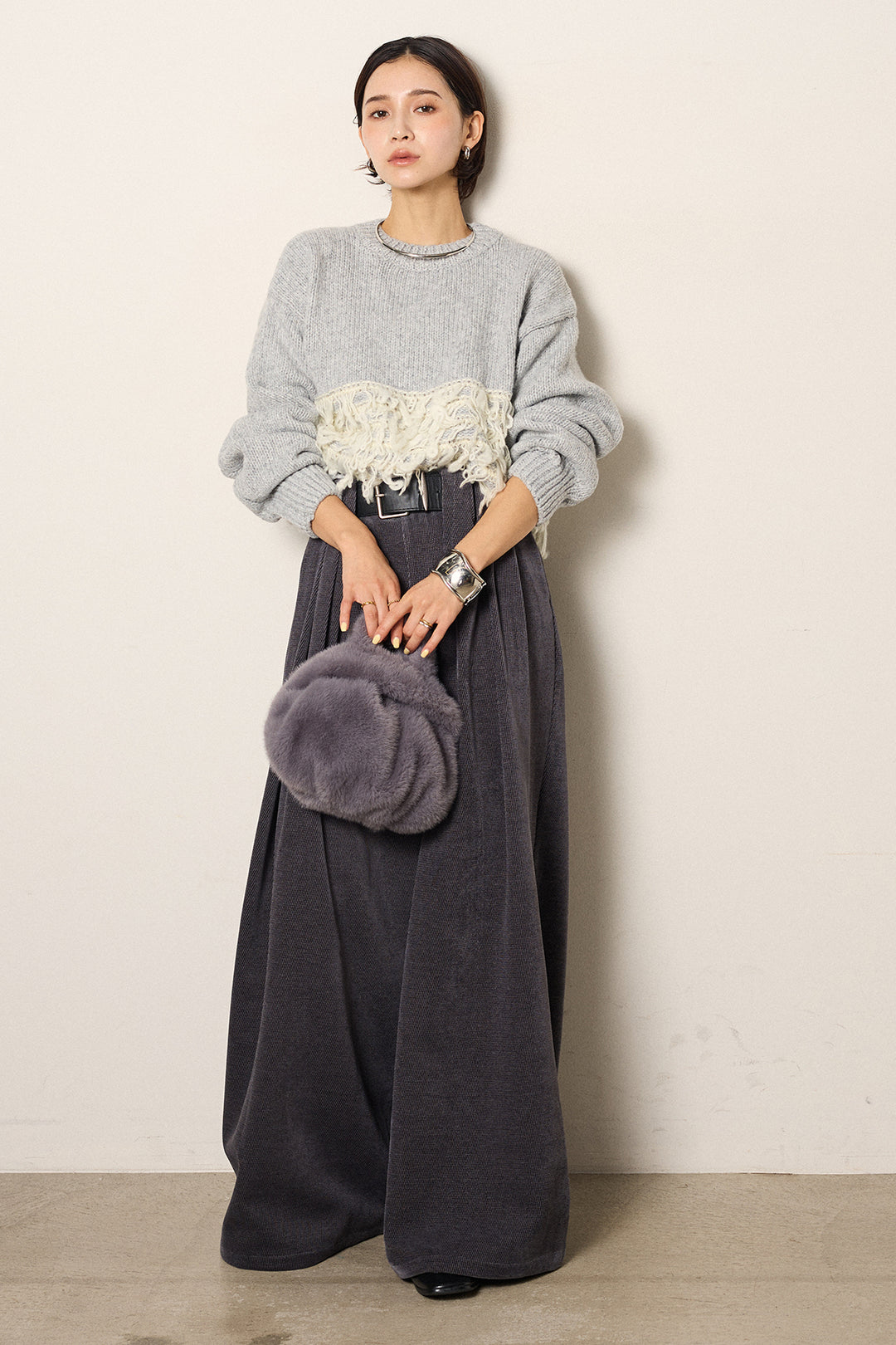 [SET]ループ編み切り替えニットプルオーバー+ベルトループコーデュロイワイドパンツ(2set)