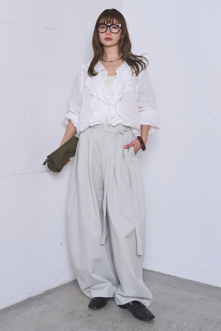 [SET]フリルボタンブラウス+紐ベルト付きカーブワイドパンツ(2set)