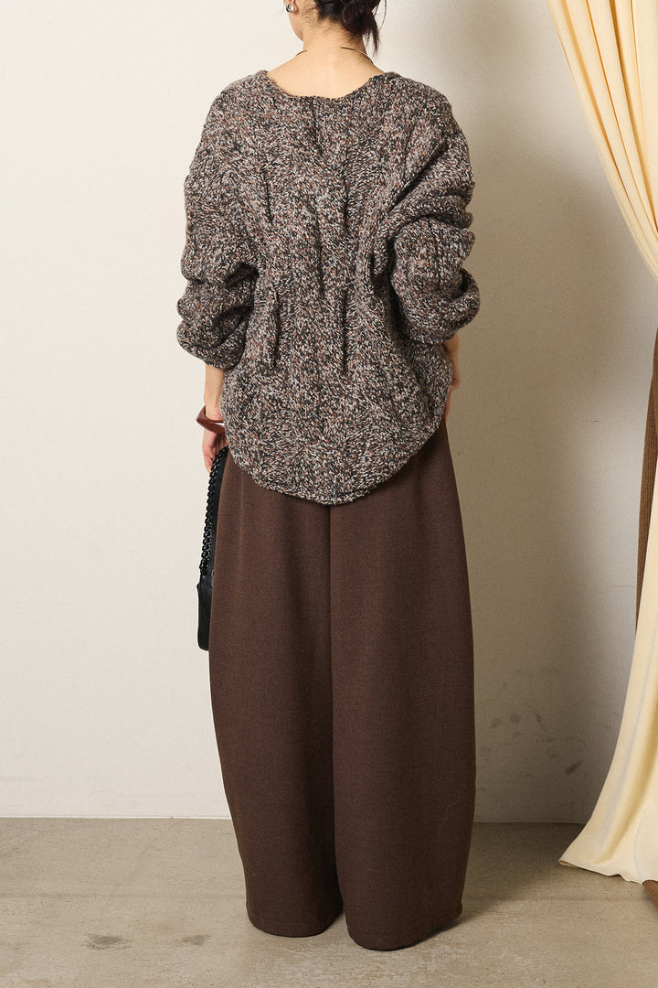 [SET]Vネックミックス編みニットトップス+ポーチベルト付きカーブパンツ(2set)