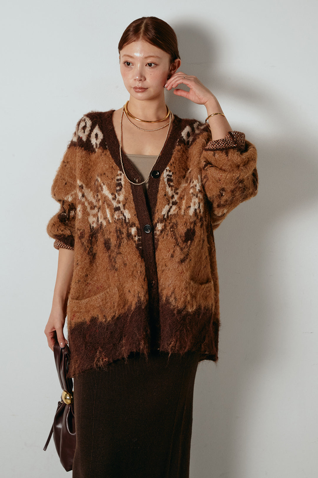 [SET]シャギーニュアンス柄ニットカーディガン+リブナローニットスカート(2set)