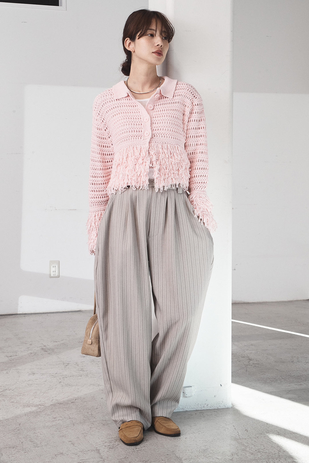 [SET]メッシュフリンジカーディガン+ヘリンボーンストライプツータックパンツ(2set)