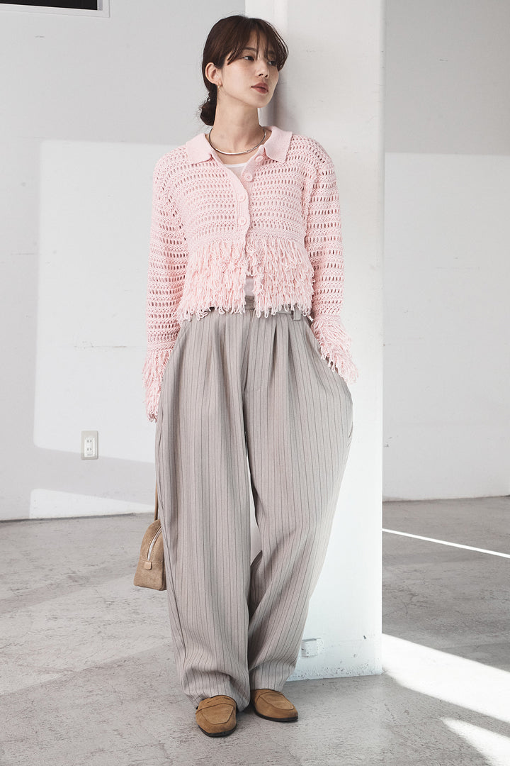 [SET]メッシュフリンジカーディガン+ヘリンボーンストライプツータックパンツ(2set)