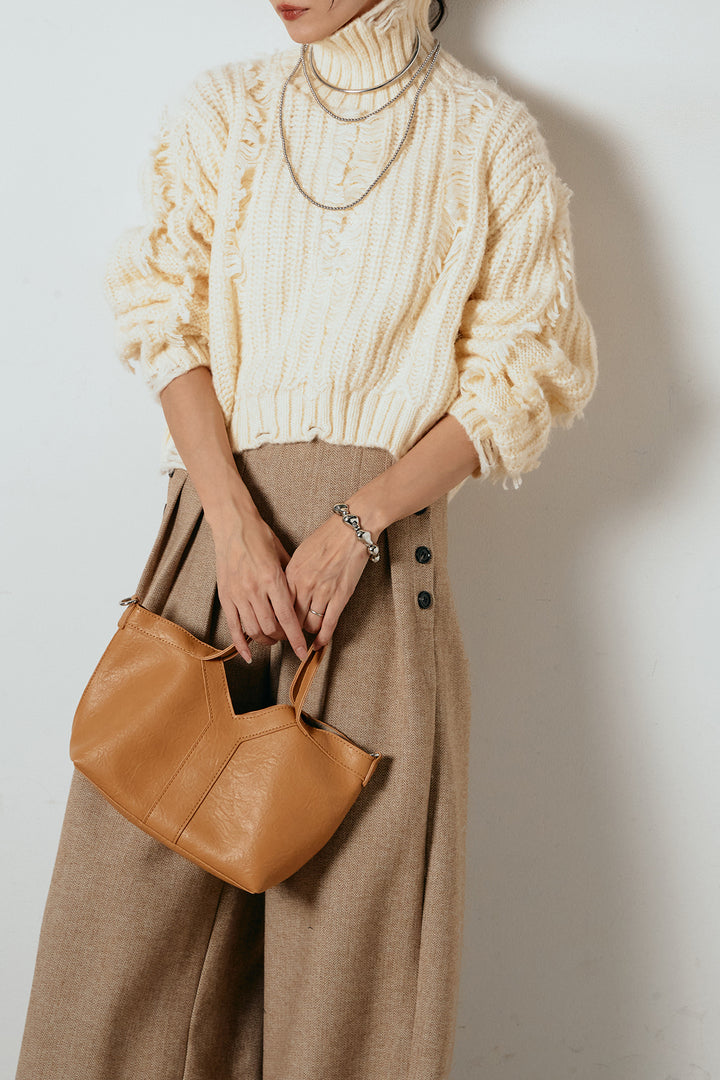 [SET]フリンジタートルショートニット+サイドボタンツイードタックパンツ(2set)