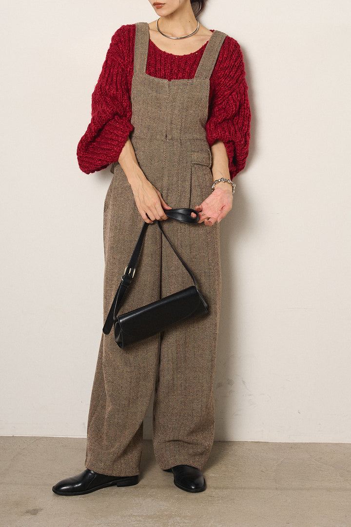 [SET]チャンキースラブニットクロップドプルオーバー+クラシックヘリンボーンサロペット(2set)