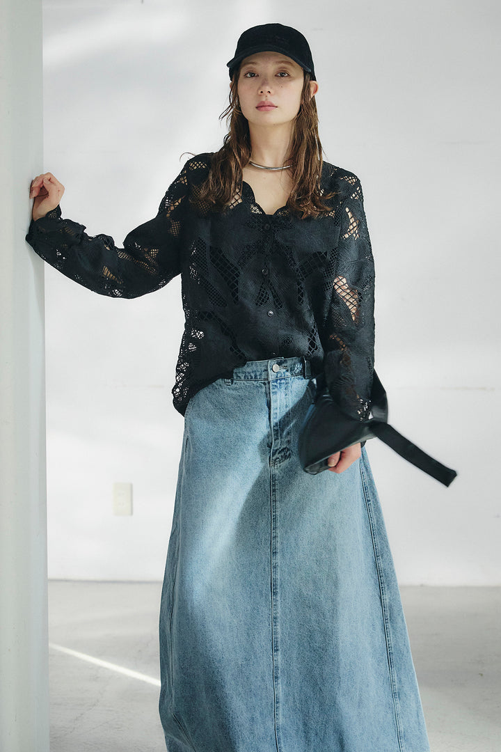 [SET]フラワー刺繍レースブラウス+デニムロングフレアスカート(2set)