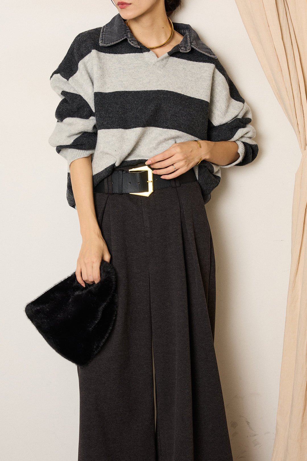 [SET]デニムカラーボーダールーズニット+ゴールドバックル太ベルト付きワイドパンツ(2set)