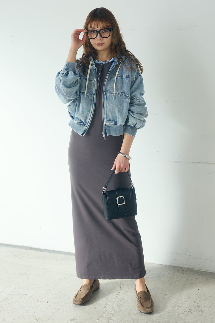 [SET]デニムダブルジップパーカーブルゾン+レイヤード見えヘンリーネックロングワンピース(2set)