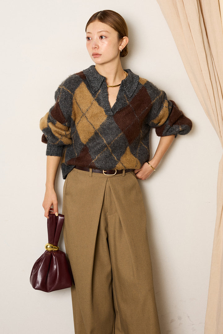 [SET]アクリルモヘアアーガイルキーネックプルオーバー+フロントワイドタックネップ入ワイドパンツ(2set)