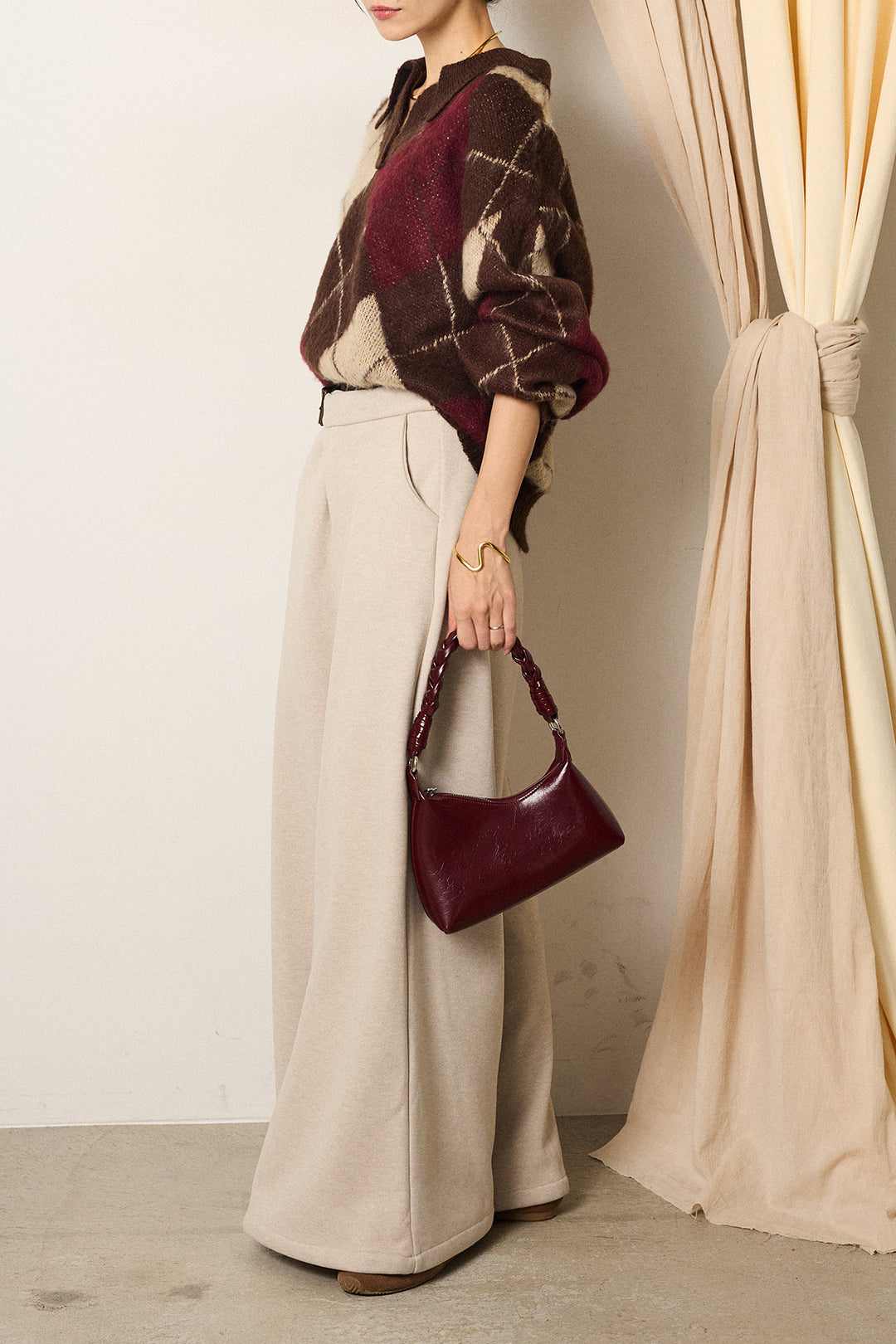 [SET]アクリルモヘアアーガイルキーネックプルオーバー+サイドベルトパンツ(2set)