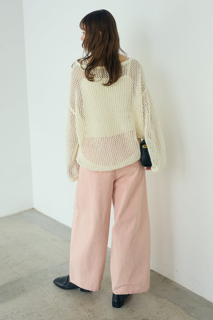 [SET]メッシュ編みビスチェセットVネックプルオーバー+カラーデニムタックカーブパンツ(2set)