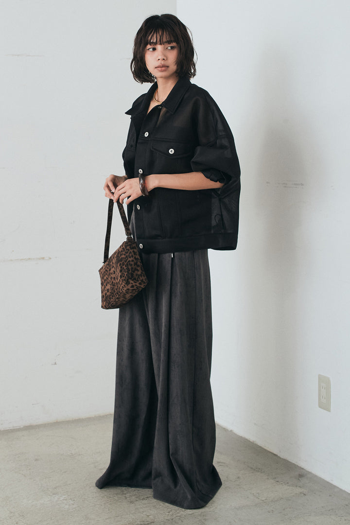 [SET]シアーダンボールサイドドロストジャケット+紐ベルト付きかすれ柄ワイドスラックス(2set)