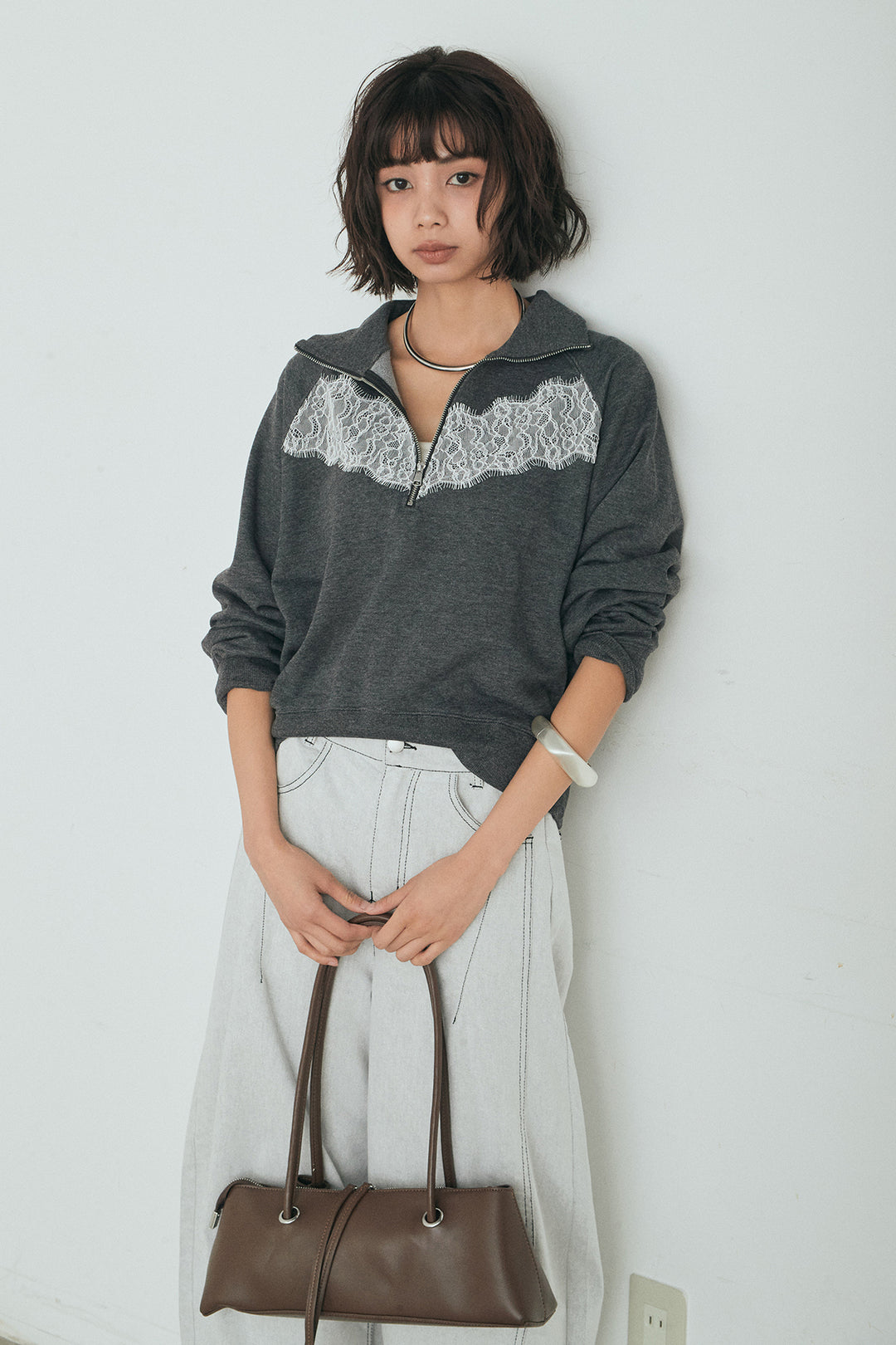 [SET]リバーレースハーフジップ裏毛スウェット+ツイル配色ステッチバレルパンツ(2set)