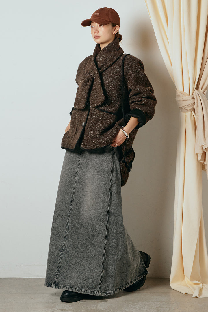 [SET]ノーカラーマフラーバッグ付きアウター+デニムロングフレアスカート(2set)