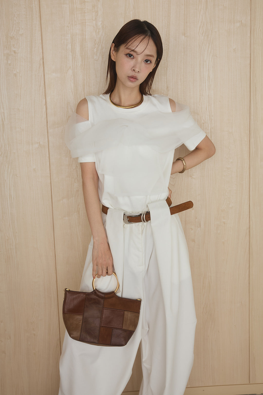 [SET]シアーレイヤーデザインカットソー+ベルトループワイドパンツ(2set)