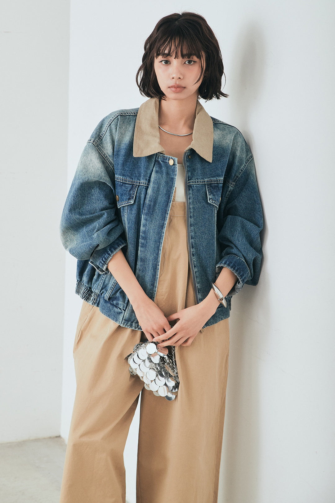 [SET]襟切り替えジップデニムジャケット+綿ツイルアシメサロペット(2set)