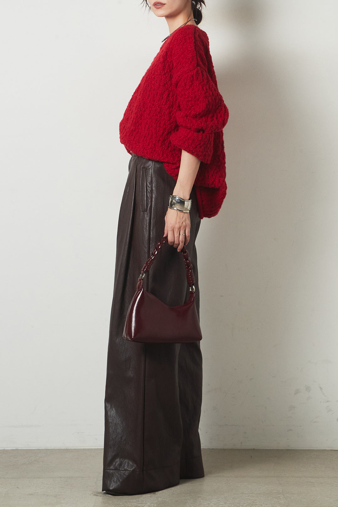 [SET]ボリューム編みニットプルオーバー+ベルト付きレザーライクタックパンツ(2set)