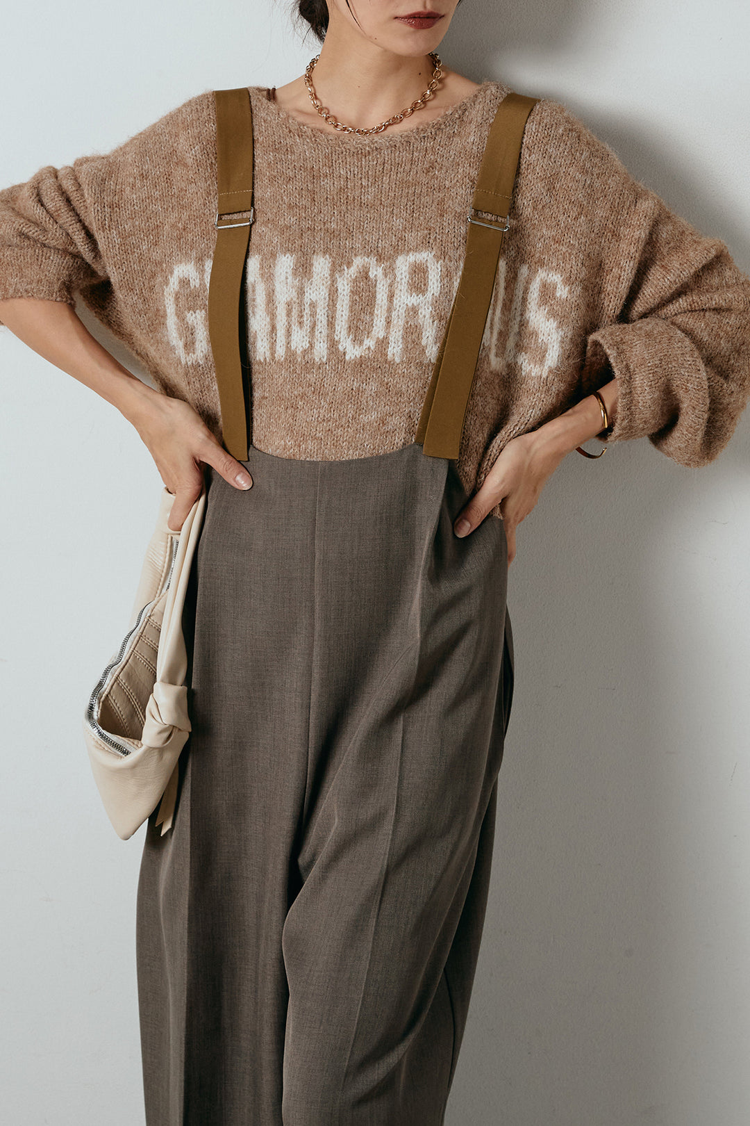 [SET]フロントロゴデザインニットトップス+ワイドツイルサロペット(2set)