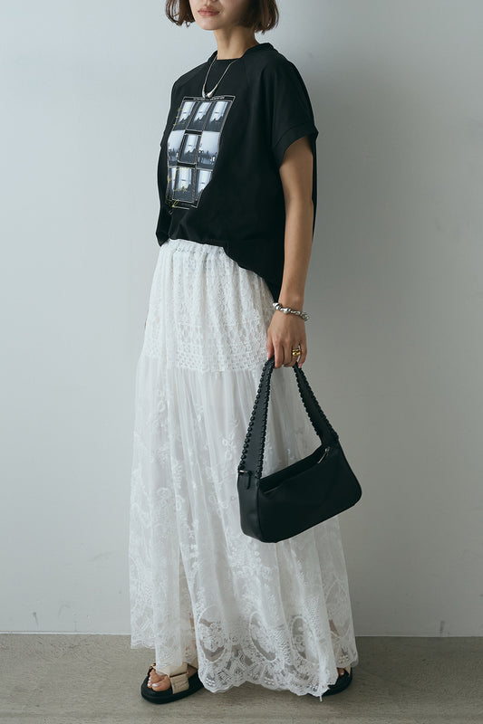 【着回しセット】フォトプリントラグランTシャツ+ミックスレース刺繍スカート+フォトプリントラグランTシャツ(3set)