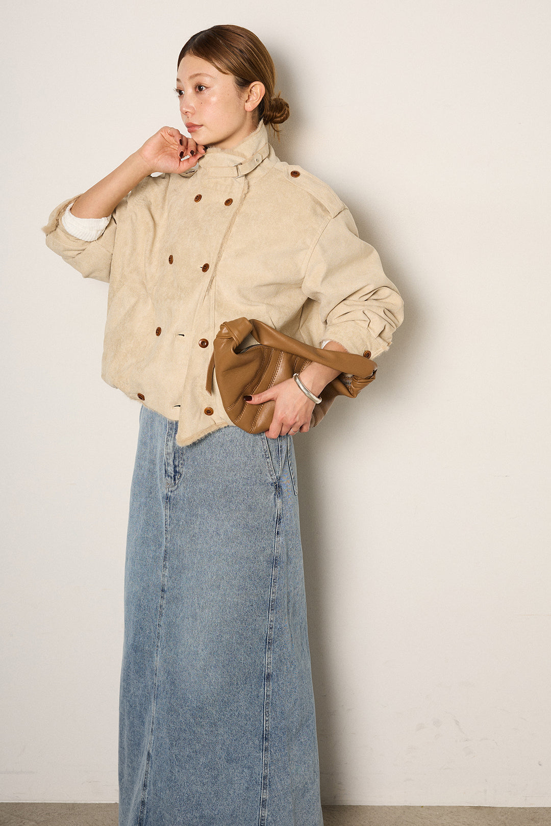 [SET]スタンド襟スウェードライクアウター+デニムロングフレアスカート(2set)