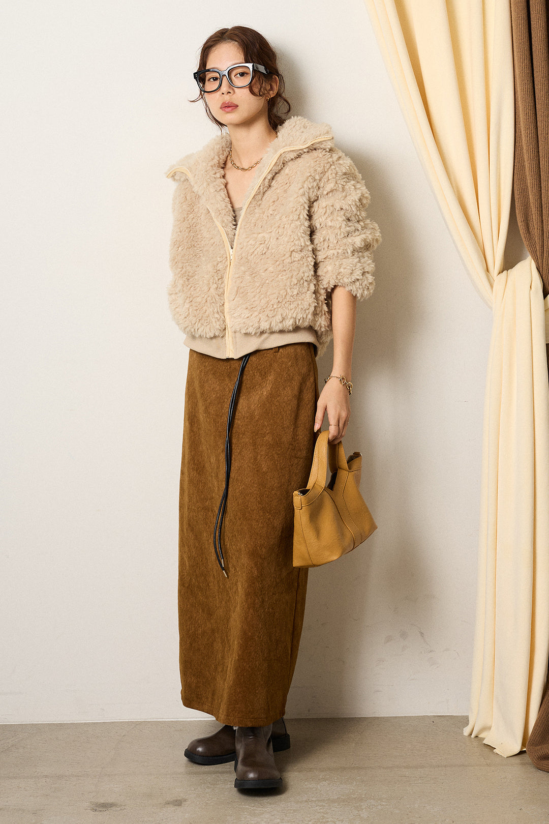 [SET]スタンドカラー裾リブボアブルゾン+ロープベルト付きスウェード調スカート(2set)