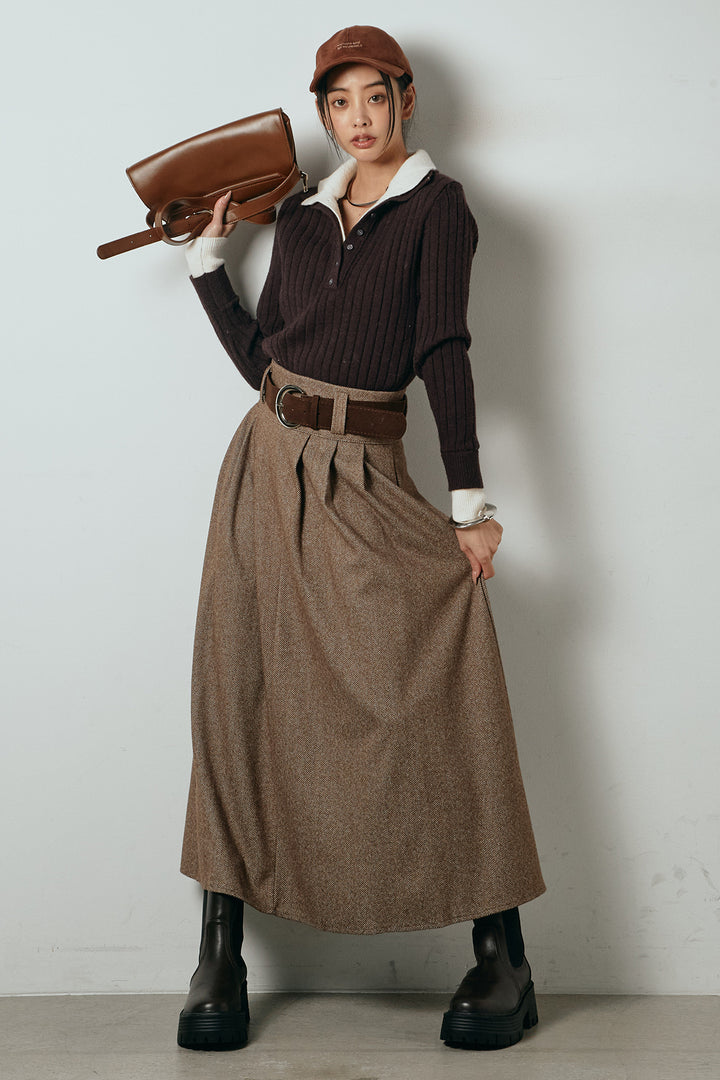 [SET]レイヤード風リブニットトップス+太ベルト付きヘリンボーンプリーツスカート(2set)