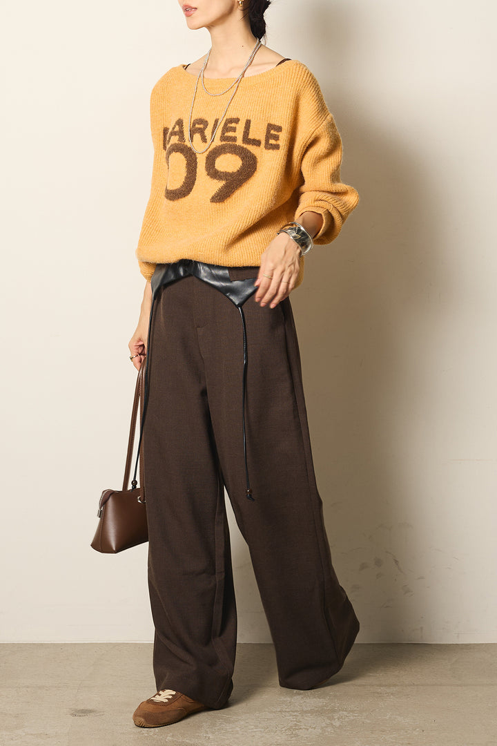[SET]フロントロゴニットトップス+フェイクレザーウエスト折り返しデザインパンツ(2set)