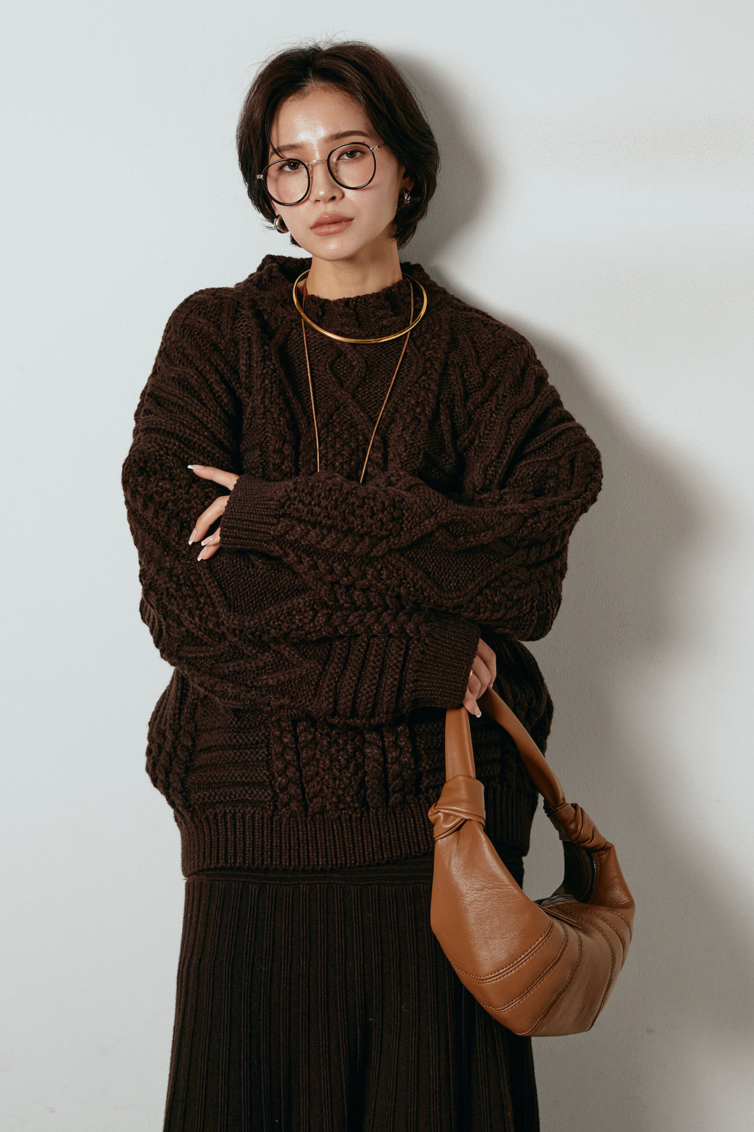 [SET]アラン柄ミックスケーブルニット+編み地切り替えフレアニットスカート(2set)