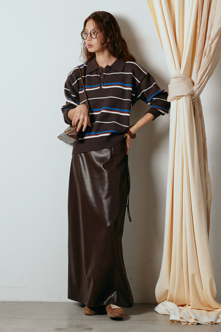 [SET]襟付きマルチボーダーニットポロトップス+紐付きフェイクレザーワイドスカート(2set)