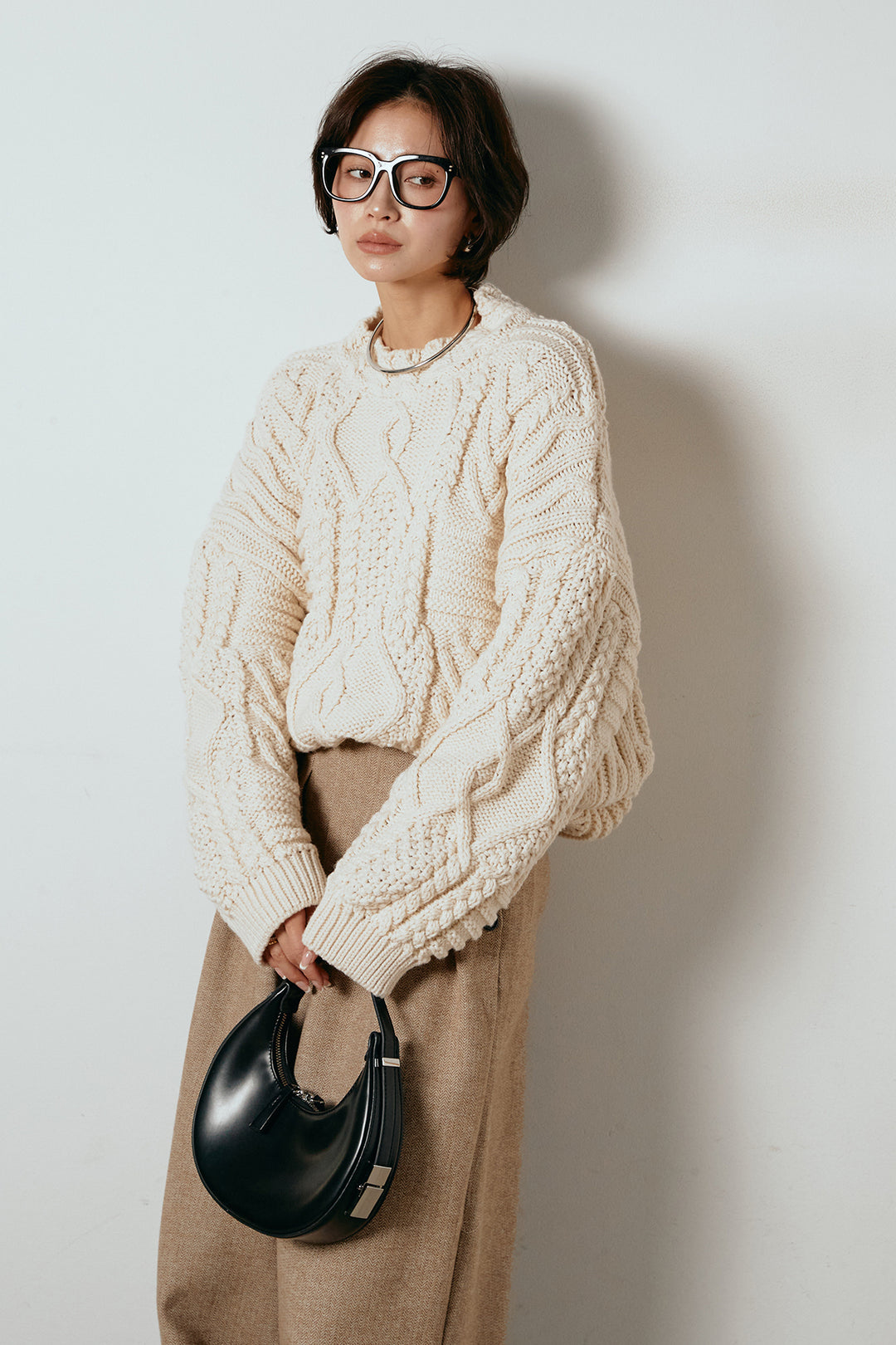 [SET]アラン柄ミックスケーブルニット+サイドボタンツイードタックパンツ(2set)