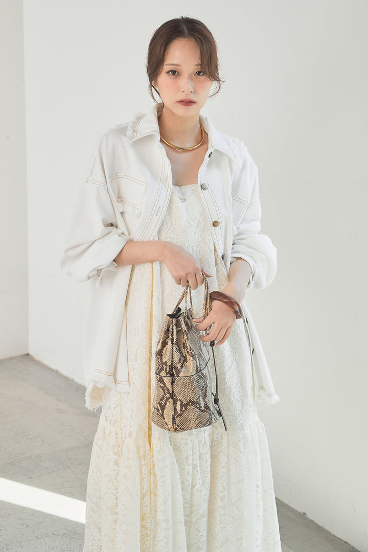 [SET]フリンジデニムジャケット+レース刺繍フレアキャミワンピース(2set)