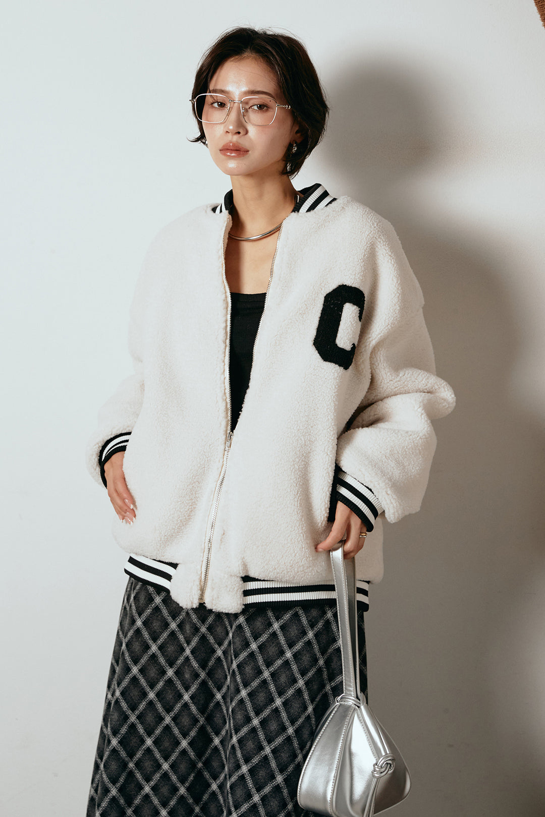 [SET]ロゴスタジャンボアブルゾン+フロッキー起毛チェックスカート(2set)