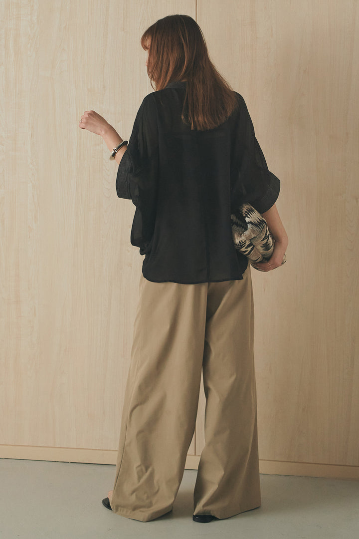 [SET]デニムライクビッグツーポケシアーシャツ+ベルトループデザインハイウエストタックパンツ(2set)