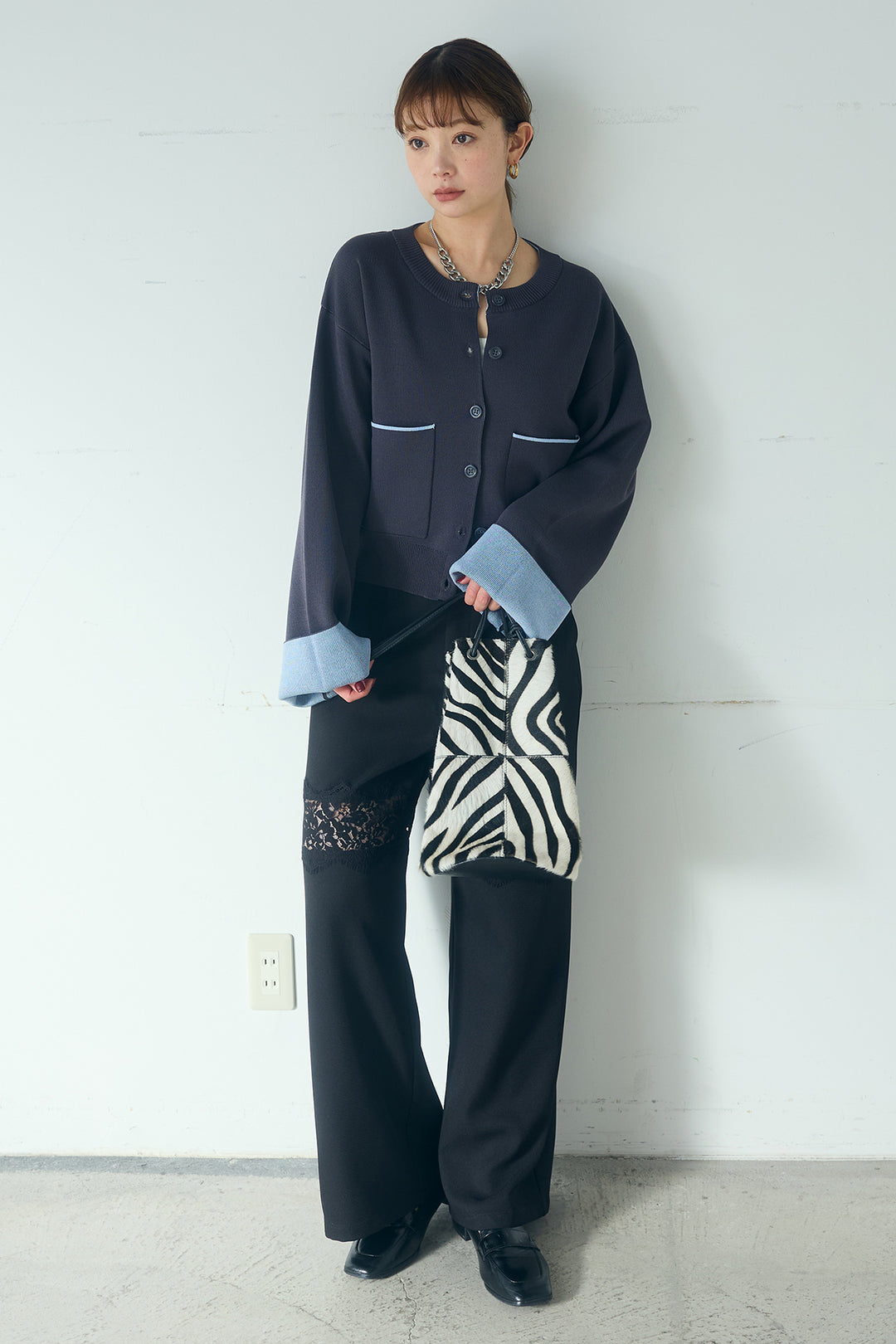 [SET]レーヨンポリダブルフェイスカーディガン+レース刺繍切替ワイドパンツ(2set)