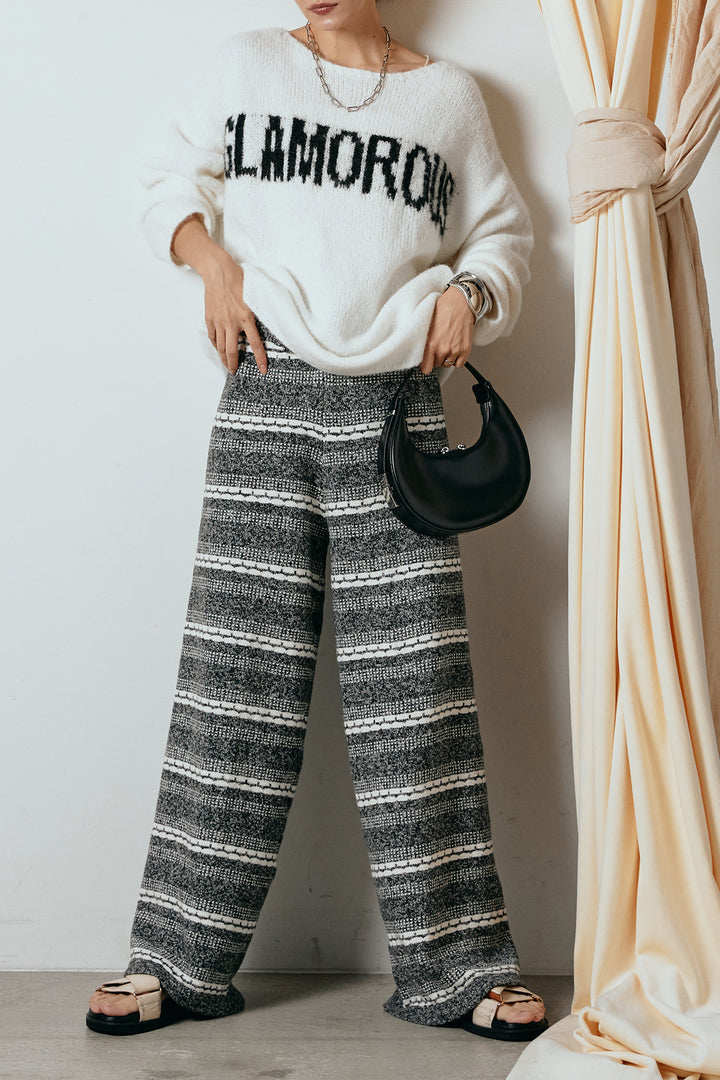 [SET]フロントロゴデザインニットトップス+マルチライン柄リラックスニットパンツ(2set)