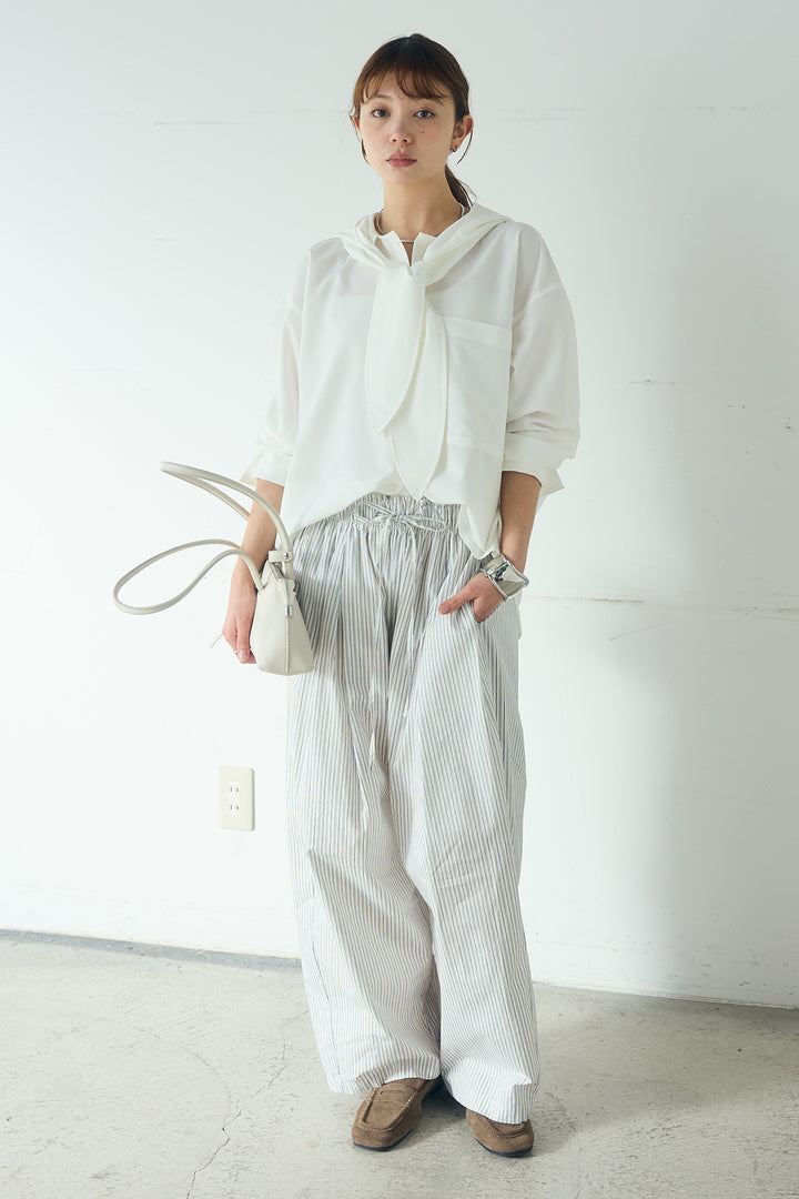 [SET]無地タイ付フーディーBIGシャツ+ランダムストライプタックギャザーパンツ(2set)