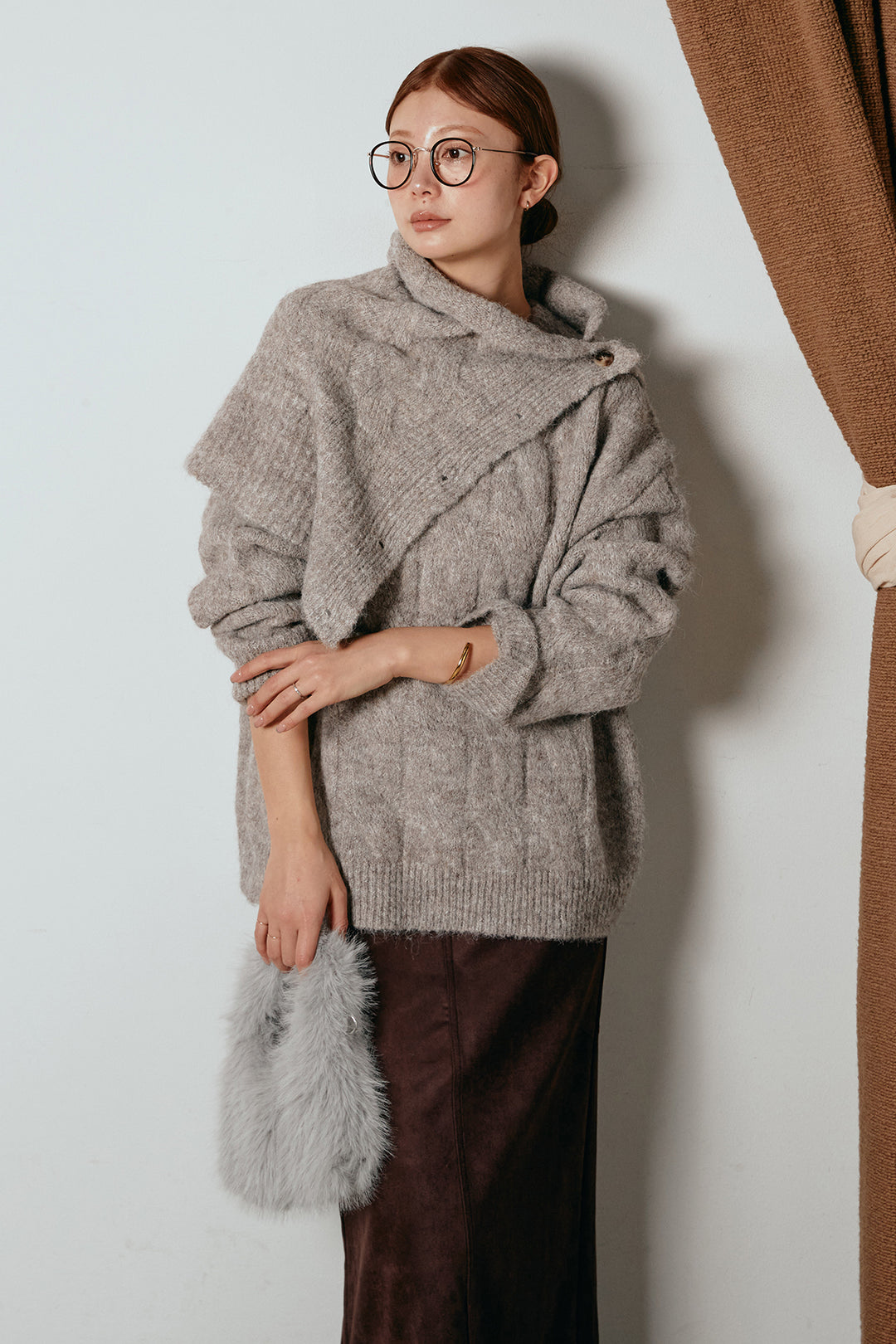 [SET]ケープデザインケーブルニットトップス+スウェードライク裾フリンジスカート(2set)