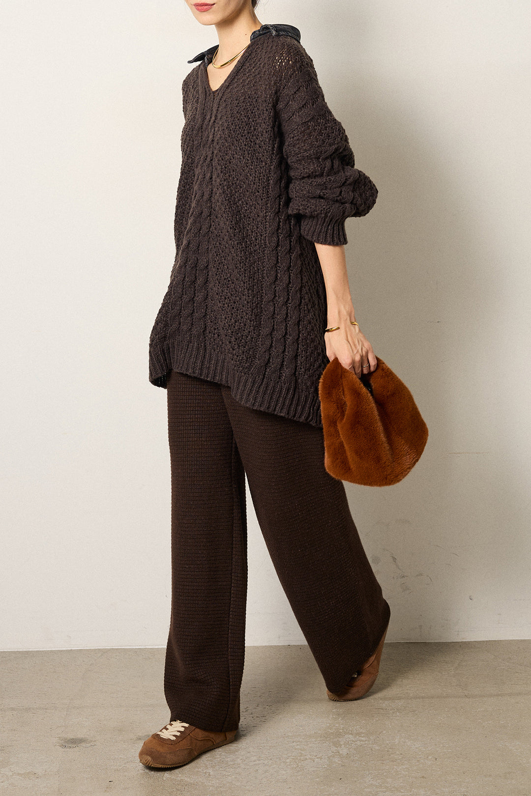 [SET]デニムカラーケーブルオーバーニット+ワイドリブニットイージーパンツ(2set)