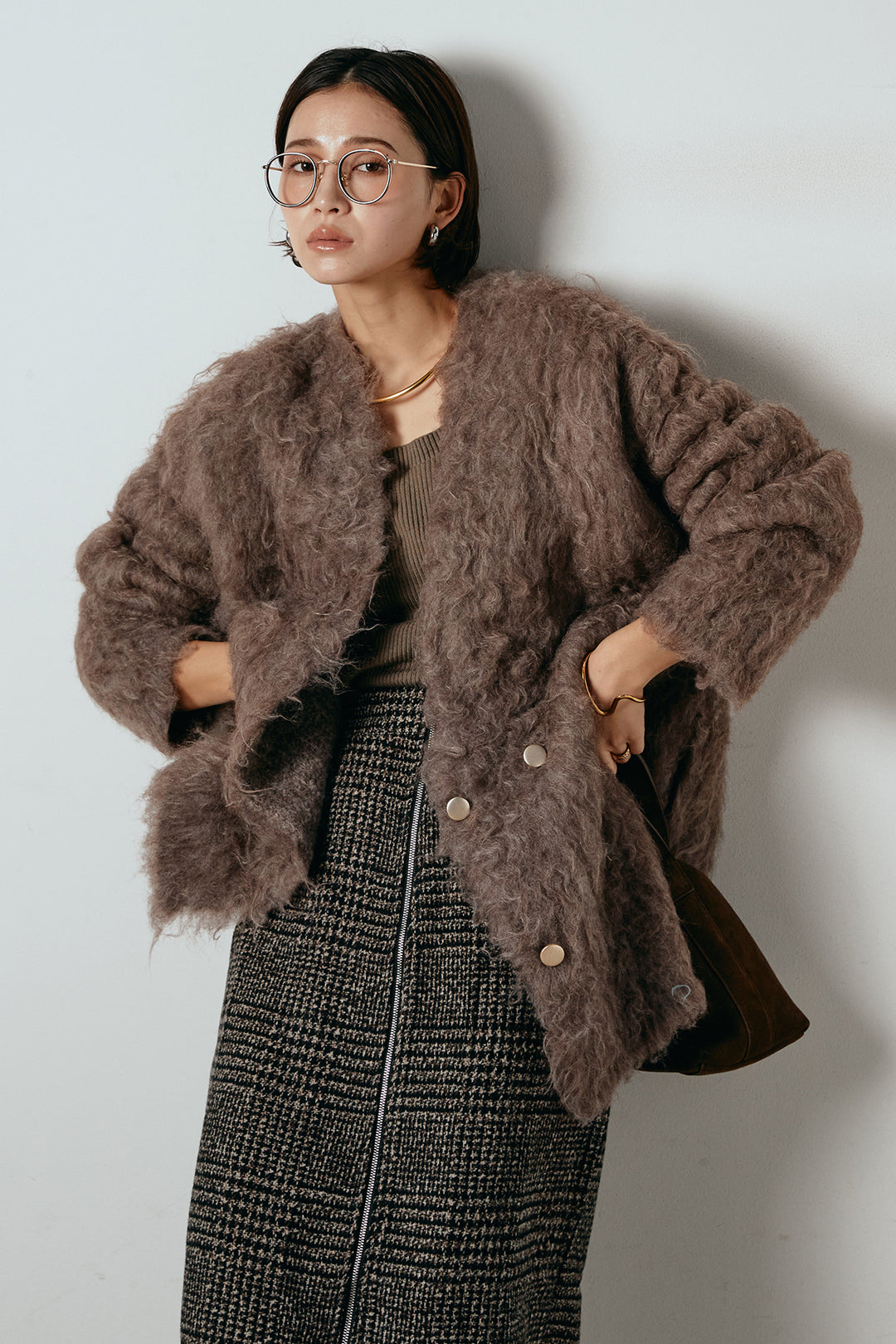 [SET]ウェーブシャギーニットジャケット+グレンチェック柄フロントジップタイトスカート(2set)