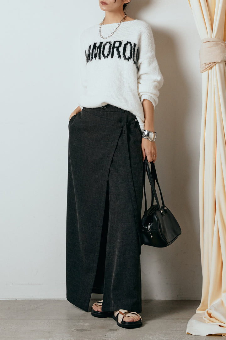 [SET]フロントロゴデザインニットトップス+ラップ巻きワイドスラックス(2set)