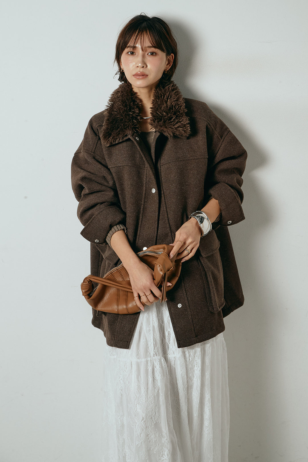 [SET]エコウール衿ファー薄中綿入りミドルカバーオール+ひげレース切替ロング丈スカート(2set)