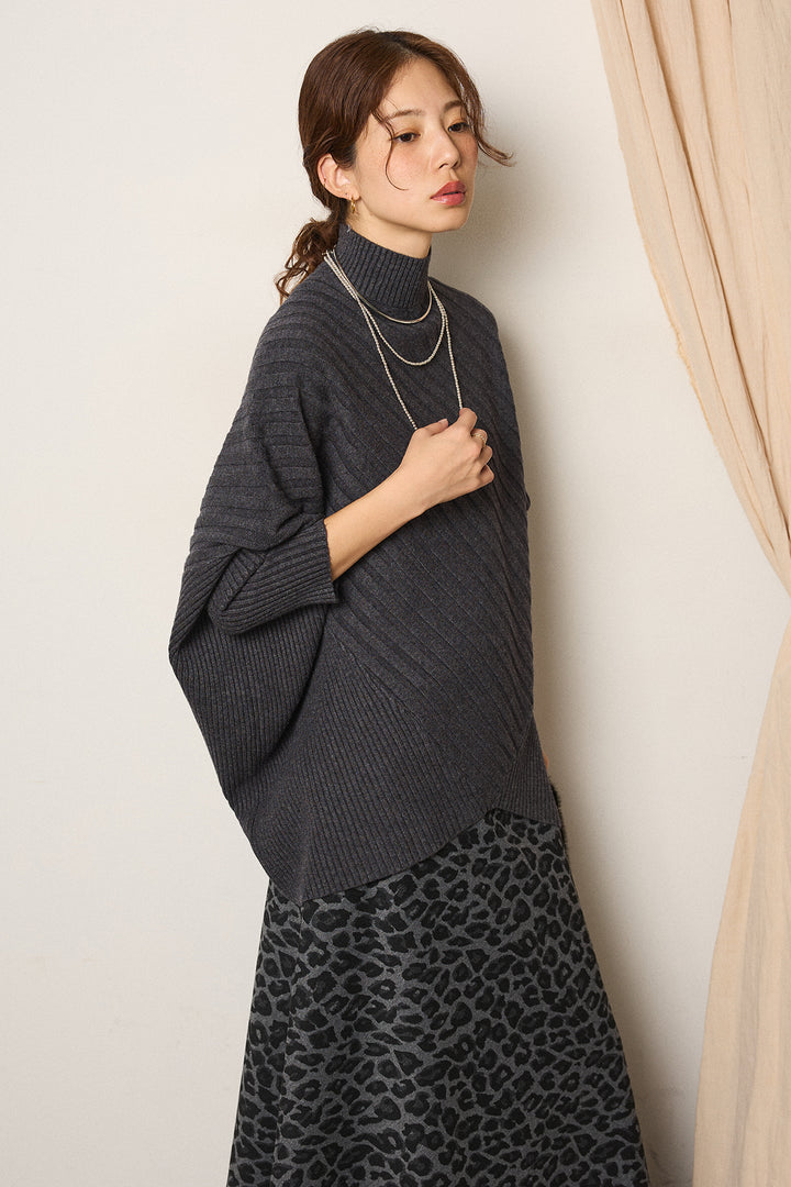 [SET]アシメデザインリブポンチョニットトップス+レオパードロングスカート(2set)