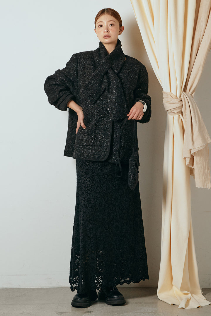 [SET]ノーカラーマフラーバッグ付きアウター+花柄刺繍ベロアフレアスカート(2set)