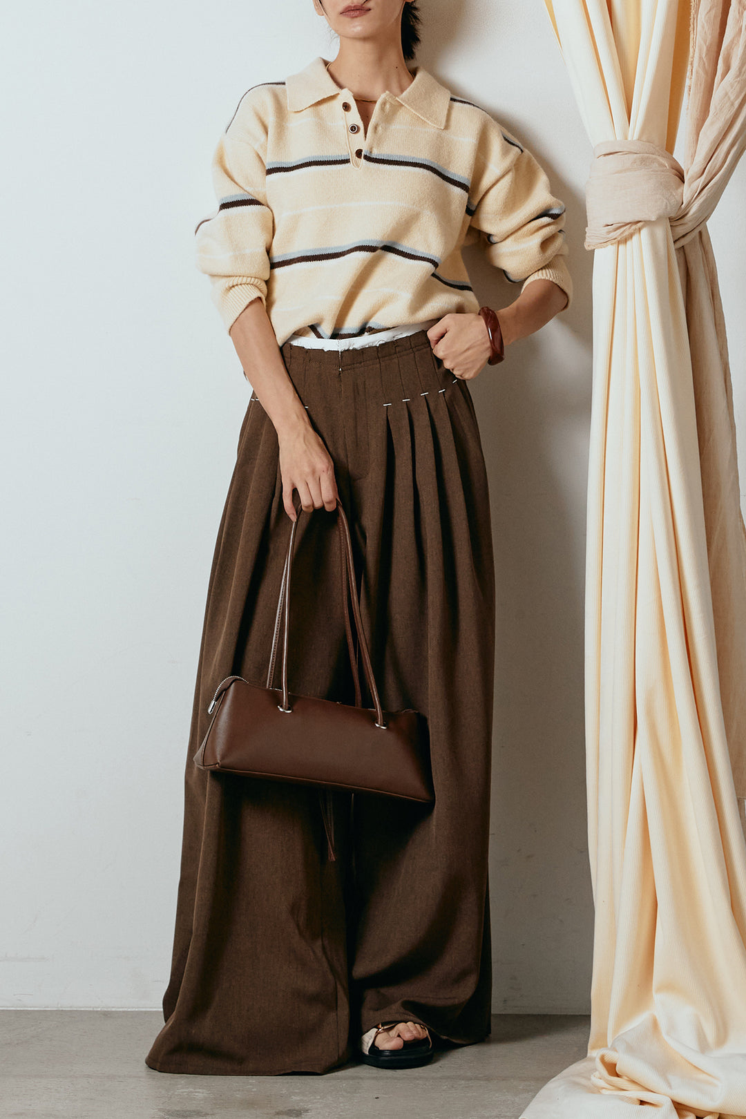 [SET]襟付きマルチボーダーニットポロトップス+ウエストステッチデザインワイドスラックス(2set)