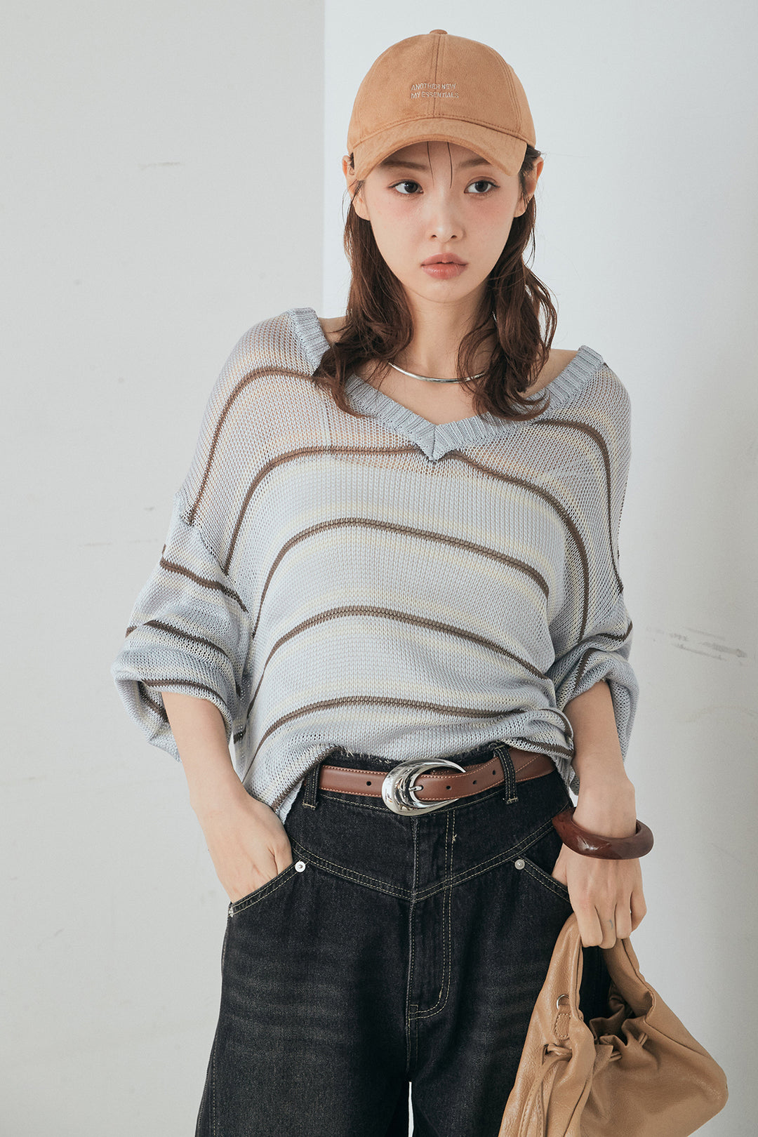 [SET]綿タッチVネックボーダートップス+デニムヨークパンツ(2set)