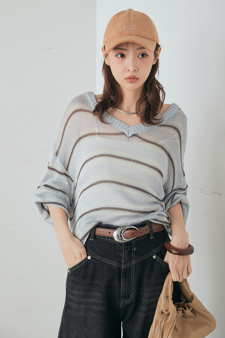 [SET]綿タッチVネックボーダートップス+デニムヨークパンツ(2set)