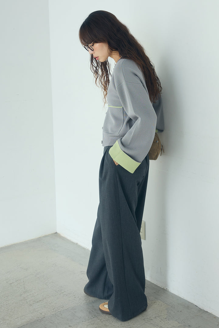 [SET]レーヨンポリダブルフェイスカーディガン+サイドベルトタック入りスラックス(2set)