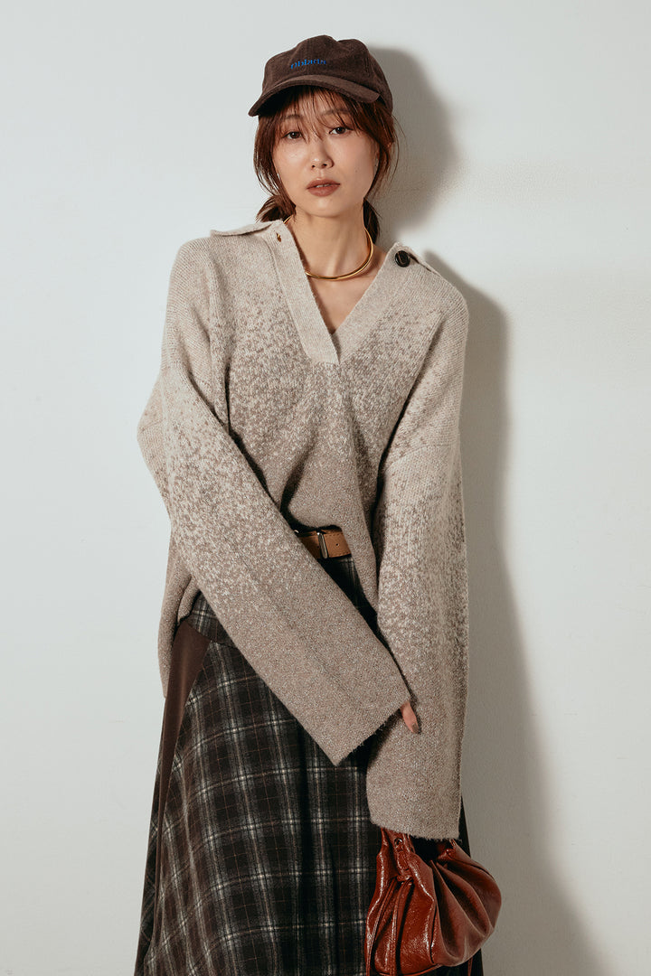 [SET]グラデーションラメニットキーネックプルオーバー+フェイクレザーベルト付き切り替えタータンチェックスカート(2set)